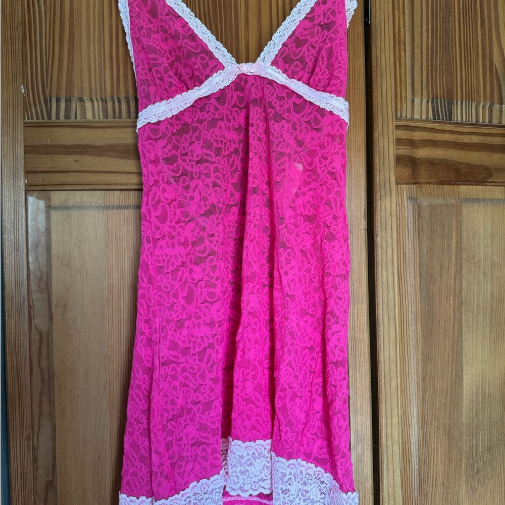 Victoria's Secret Vibrant Pink Lace Chemise with White Accents